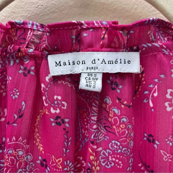 Anthropologie Maison d’Amelie Floral Pink Tie Neck Long Sleeve Blouse Size Small - Picture 6 of 8